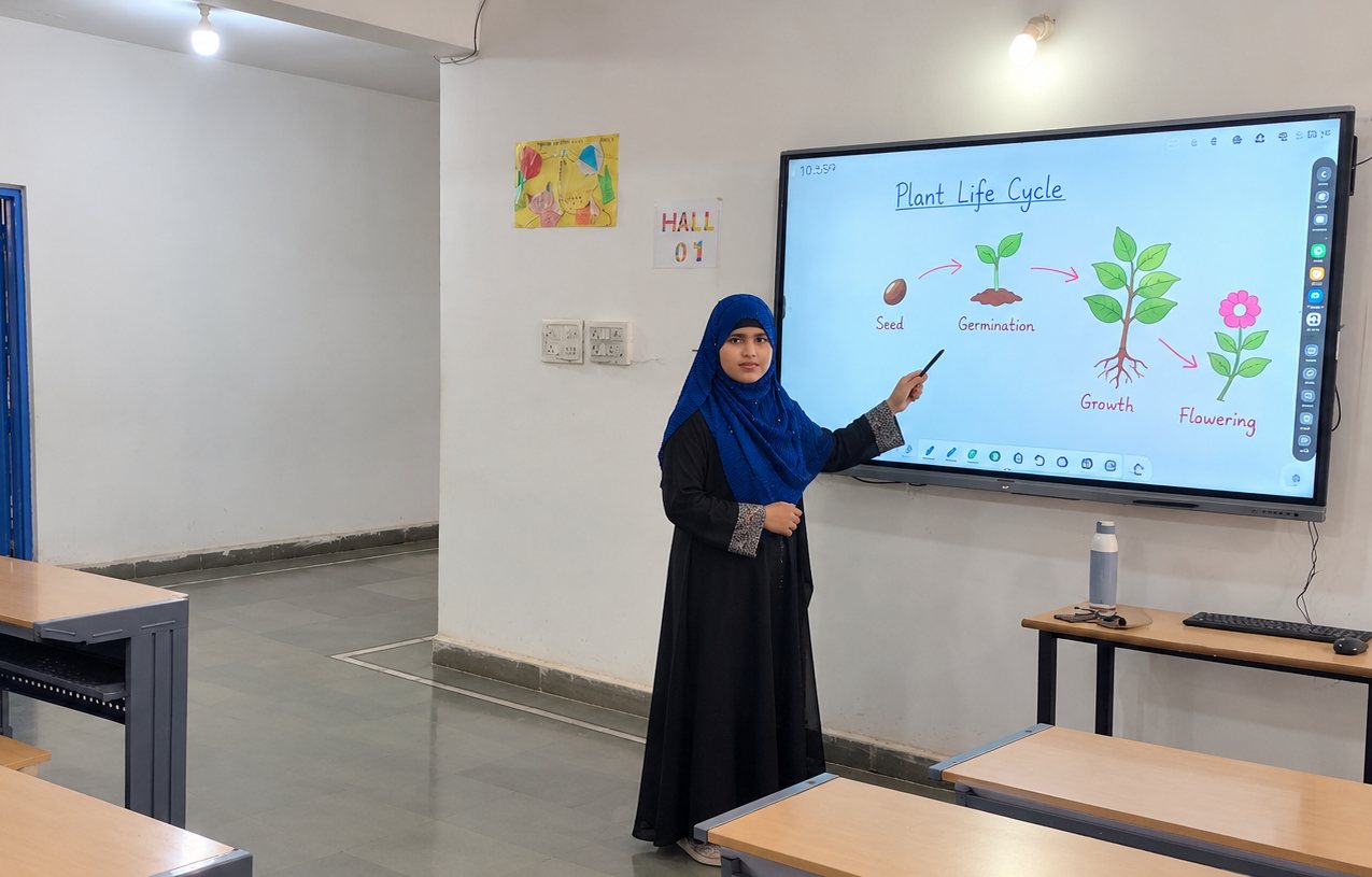 Student using an interactive panel at DSS School